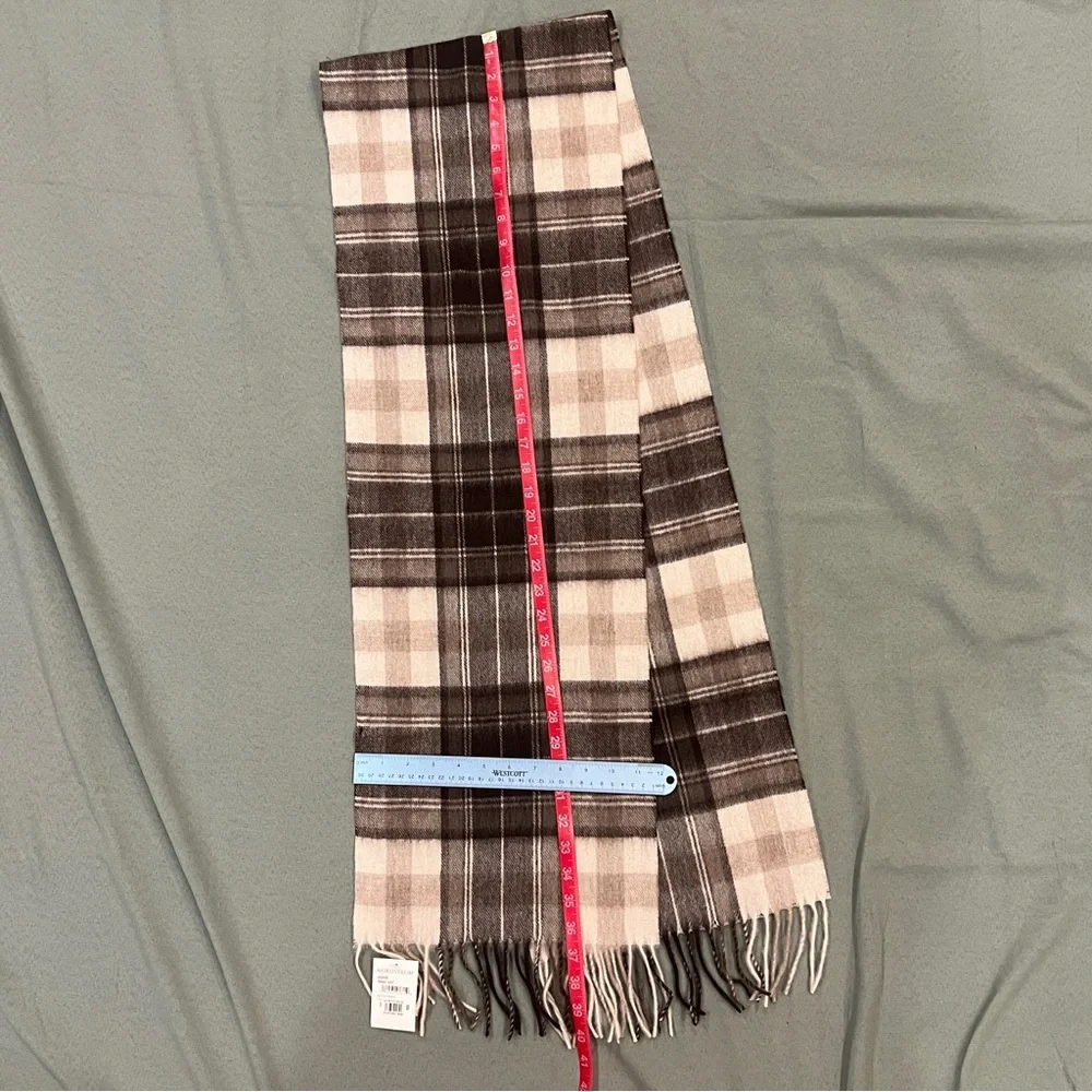 Nordstrom Tartan Plaid 100%‎ Wool Muffler Scarf Fringe NWT Brown, Cream